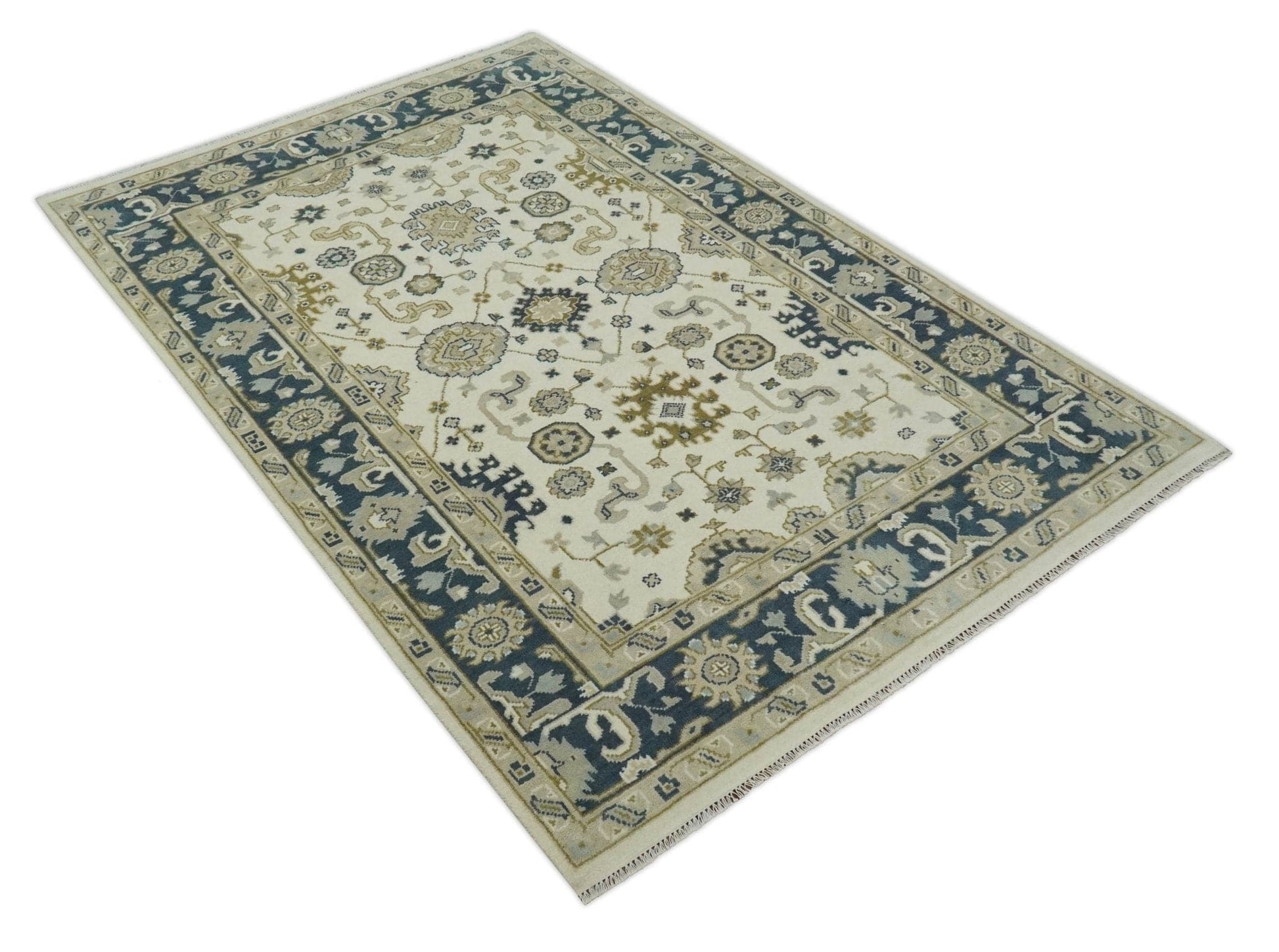 The Rug Decor Area Rug Ivory, Olive and Blue Hand Knotted Traditional Oriental Oushak Custom Made wool rug Ivory, Olive and Blue Hand Knotted Traditional Oriental Oushak Custom Made wool rug