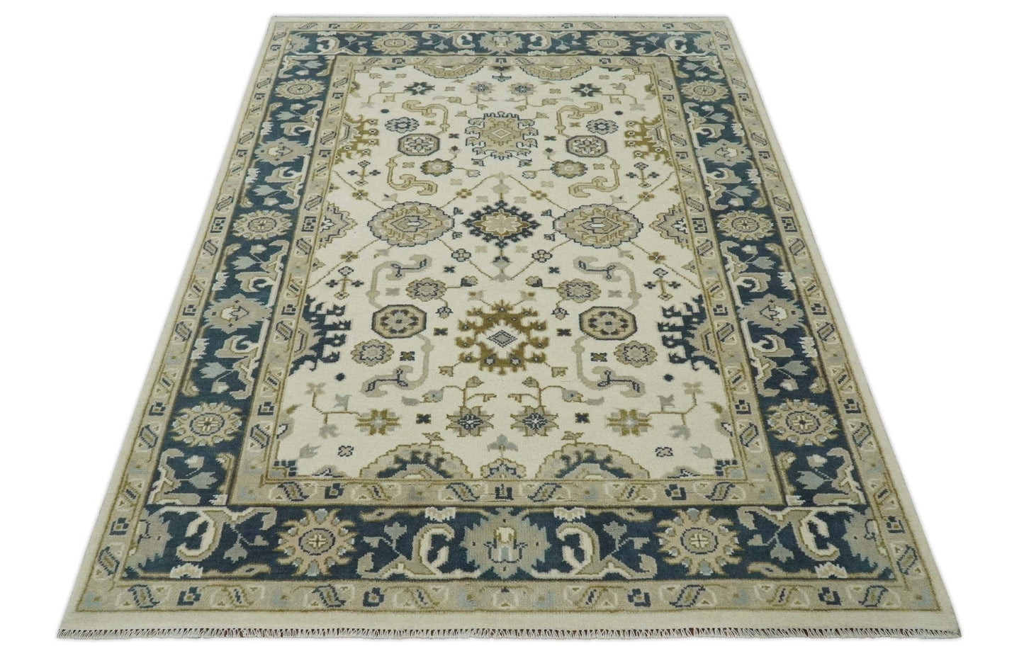 The Rug Decor Area Rug Ivory, Olive and Blue Hand Knotted Traditional Oriental Oushak Custom Made wool rug Ivory, Olive and Blue Hand Knotted Traditional Oriental Oushak Custom Made wool rug