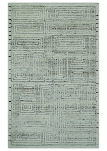 The Rug Decor Area Rug 5x8 Ivory, Silver and Charcoal Modern Geometrical Puzzle Design hand knotted Custom Made wool Area Rug Ivory, Silver and Charcoal Modern Geometrical Puzzle Design hand knotted Custom Made wool Area Rug