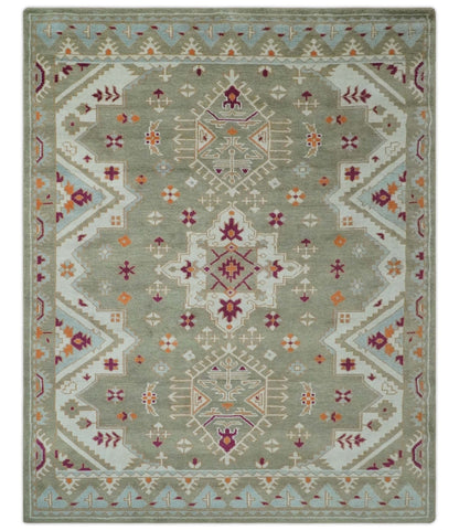The Rug Decor Area Rug 8x10 Light Green, Ivory and Maroon Traditional Hand knotted Custom Made wool Area Rug Light Green, Ivory and Maroon Traditional Hand knotted Custom Made wool Area Rug