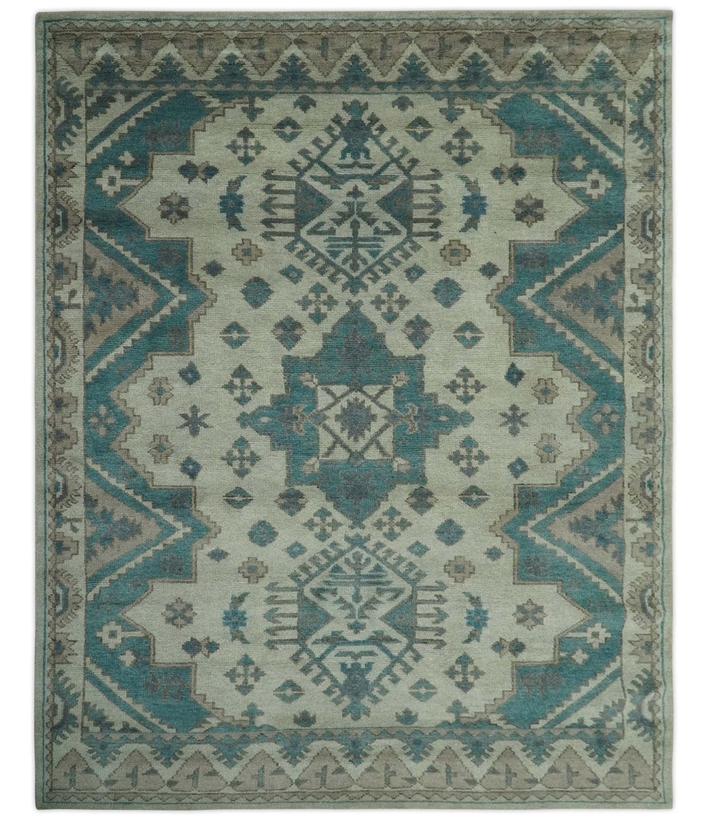 The Rug Decor Area Rug 8x10 Light green, Teal and Charcoal Traditional Hand Knotted Custom Made wool Area Rug Light green, Teal and Charcoal Traditional Hand Knotted Custom Made wool Area Rug