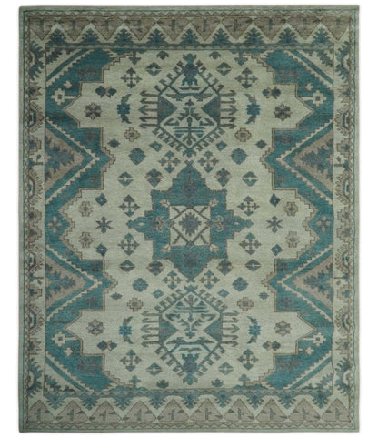 The Rug Decor Area Rug 8x10 Light green, Teal and Charcoal Traditional Hand Knotted Custom Made wool Area Rug Light green, Teal and Charcoal Traditional Hand Knotted Custom Made wool Area Rug