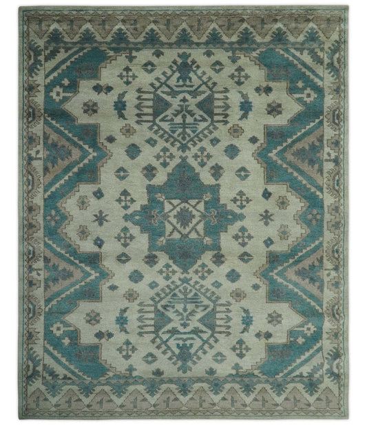 The Rug Decor Area Rug 8x10 Light green, Teal and Charcoal Traditional Hand Knotted Custom Made wool Area Rug Light green, Teal and Charcoal Traditional Hand Knotted Custom Made wool Area Rug