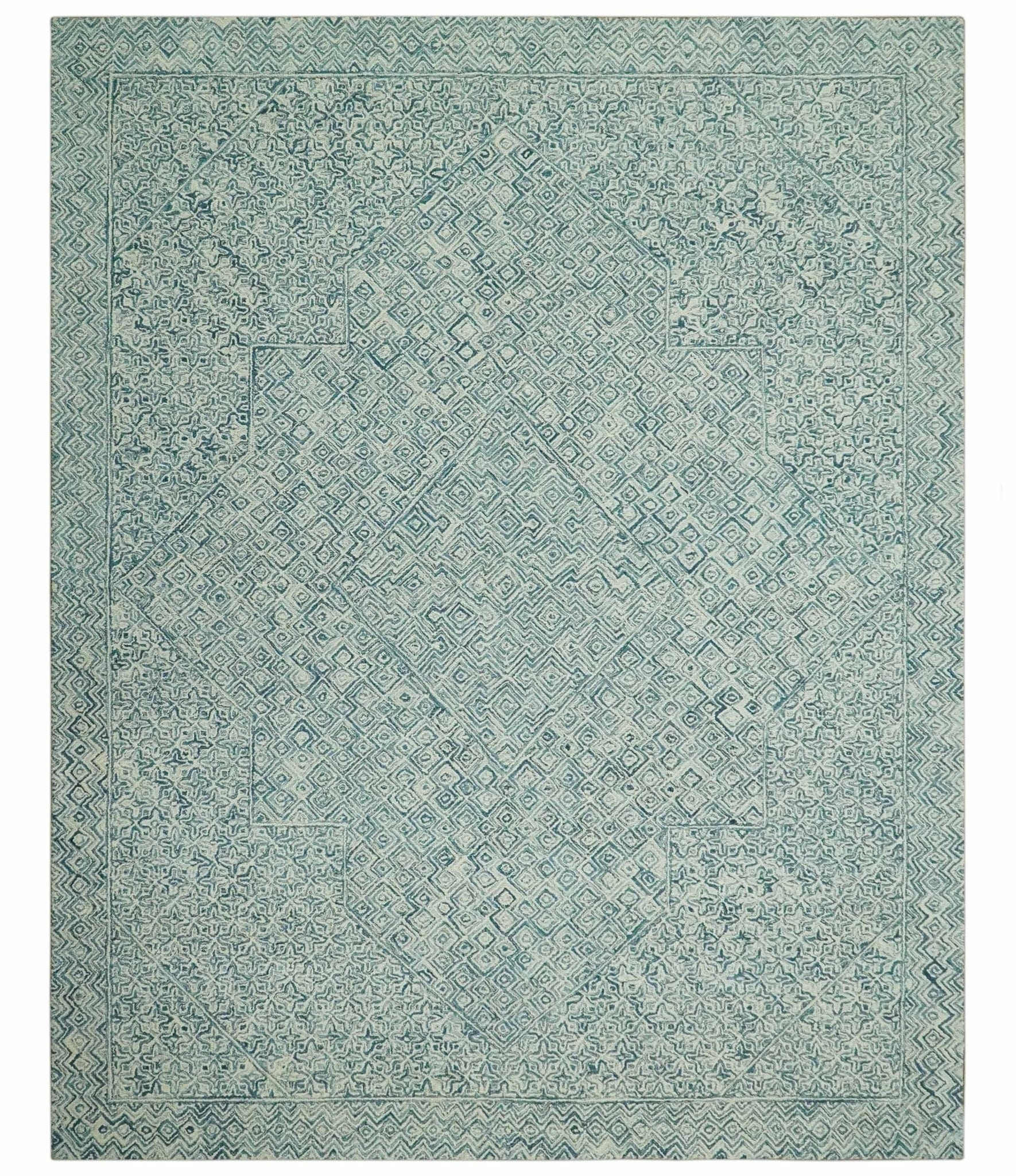 The Rug Decor Area Rug 8x10 Modern Geometrical Teal and Ivory Hand Tufted Custom Made wool area rug Modern Geometrical Teal and Ivory Hand Tufted Custom Made wool area rug