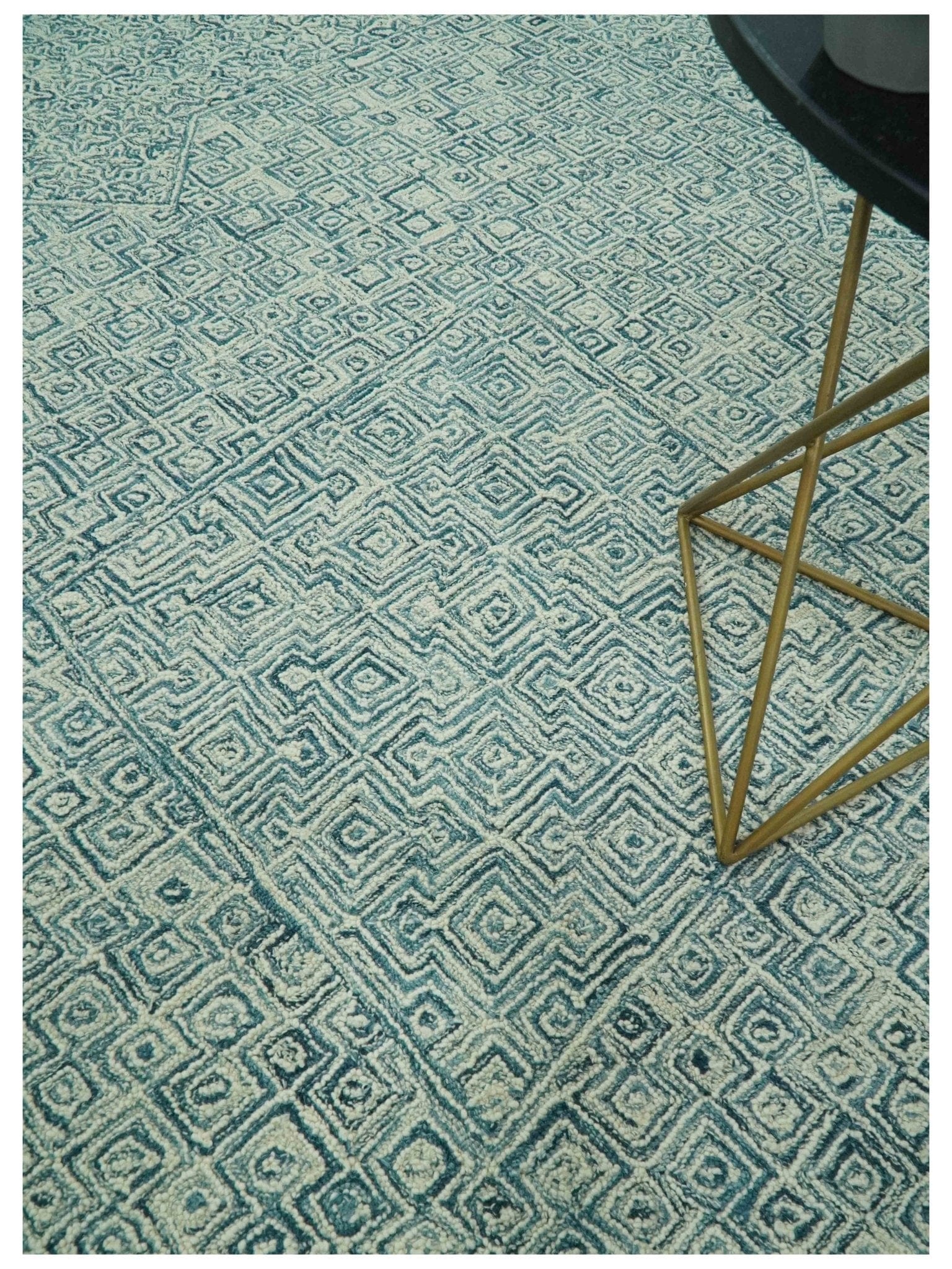 The Rug Decor Area Rug Modern Geometrical Teal and Ivory Hand Tufted Custom Made wool area rug Modern Geometrical Teal and Ivory Hand Tufted Custom Made wool area rug