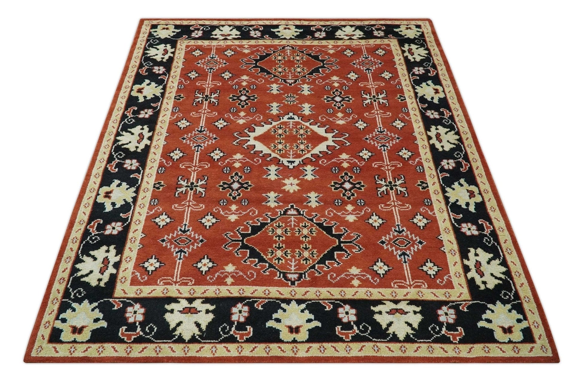 The Rug Decor Area Rug Rust, Black and Beige Traditional Oriental Hand Knotted Custom Made Wool Area Rug Rust, Black and Beige Traditional Oriental Hand Knotted Custom Made Wool Area Rug