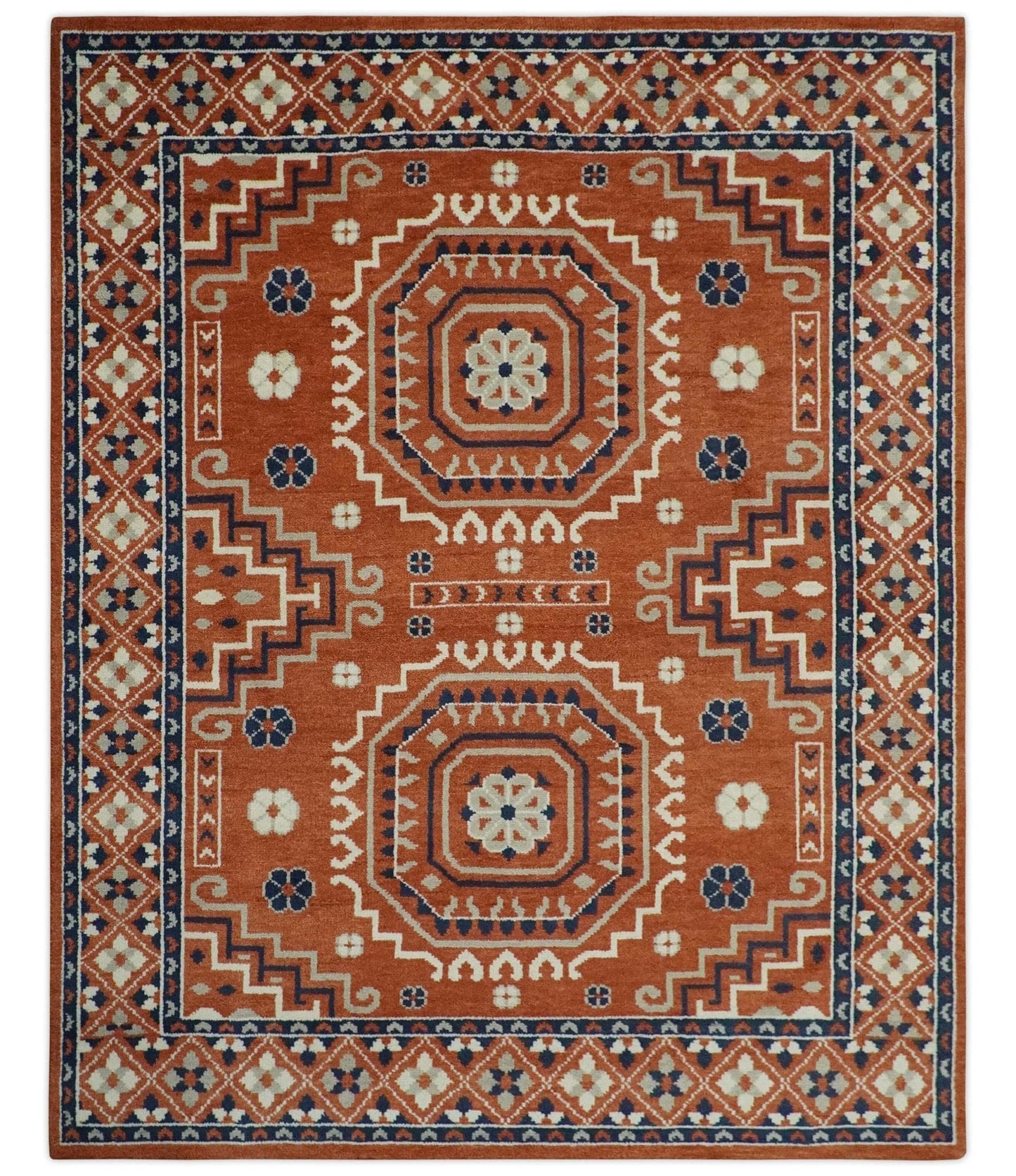 The Rug Decor Area Rug Rust, Ivory and Blue Traditional Mamluk design Hand Knotted Custom Made wool Area Rug Rust, Ivory and Blue Traditional Mamluk design Hand Knotted Custom Made wool Area Rug
