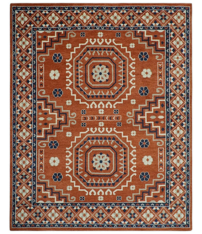 The Rug Decor Area Rug Rust, Ivory and Blue Traditional Mamluk design Hand Knotted Custom Made wool Area Rug Rust, Ivory and Blue Traditional Mamluk design Hand Knotted Custom Made wool Area Rug