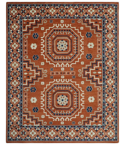 The Rug Decor Area Rug Rust, Ivory and Blue Traditional Mamluk design Hand Knotted Custom Made wool Area Rug Rust, Ivory and Blue Traditional Mamluk design Hand Knotted Custom Made wool Area Rug