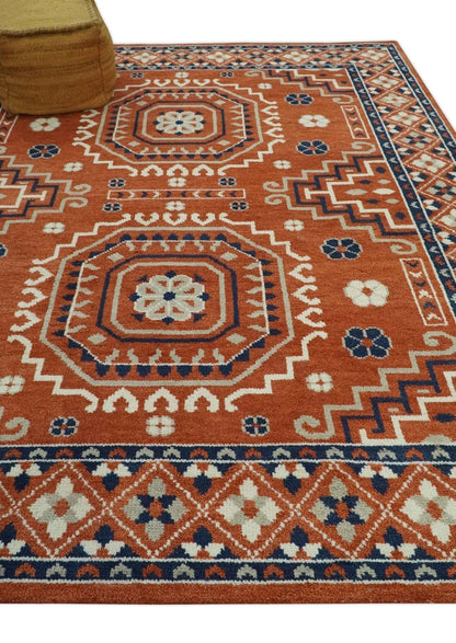 The Rug Decor Area Rug Rust, Ivory and Blue Traditional Mamluk design Hand Knotted Custom Made wool Area Rug Rust, Ivory and Blue Traditional Mamluk design Hand Knotted Custom Made wool Area Rug