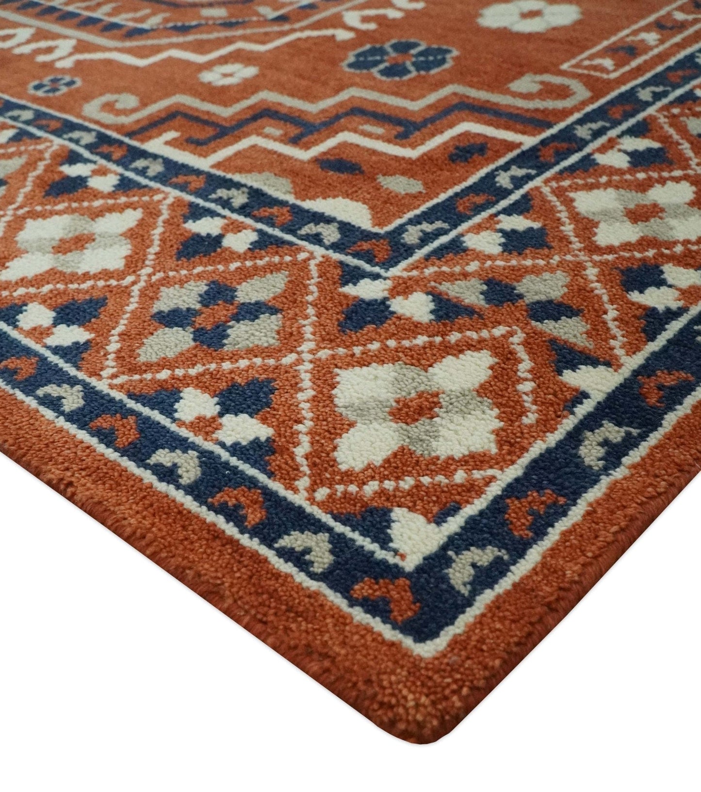 The Rug Decor Area Rug Rust, Ivory and Blue Traditional Mamluk design Hand Knotted Custom Made wool Area Rug Rust, Ivory and Blue Traditional Mamluk design Hand Knotted Custom Made wool Area Rug