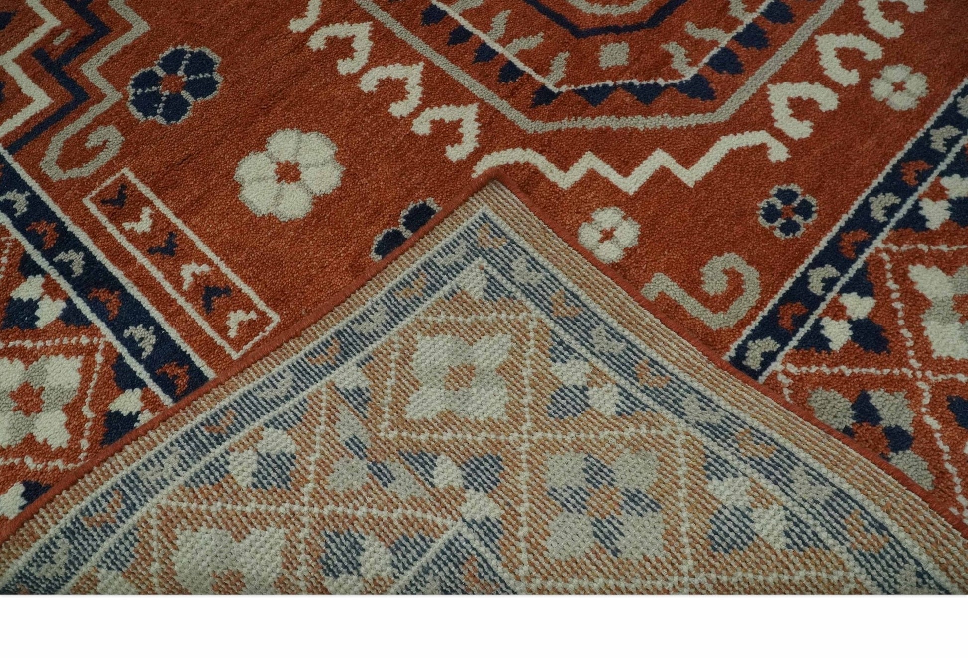 The Rug Decor Area Rug Rust, Ivory and Blue Traditional Mamluk design Hand Knotted Custom Made wool Area Rug Rust, Ivory and Blue Traditional Mamluk design Hand Knotted Custom Made wool Area Rug