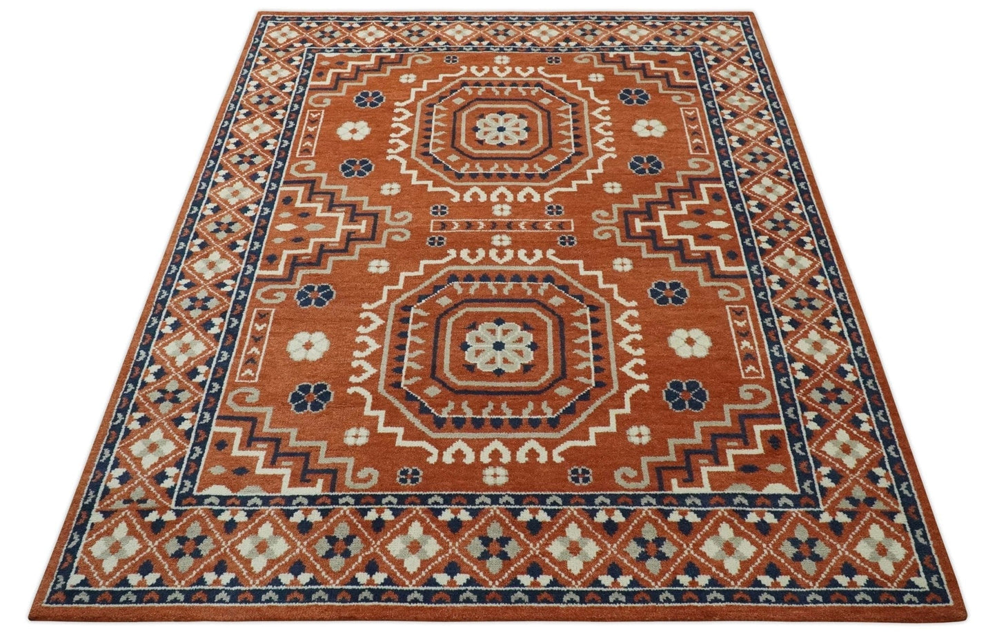 The Rug Decor Area Rug Rust, Ivory and Blue Traditional Mamluk design Hand Knotted Custom Made wool Area Rug Rust, Ivory and Blue Traditional Mamluk design Hand Knotted Custom Made wool Area Rug