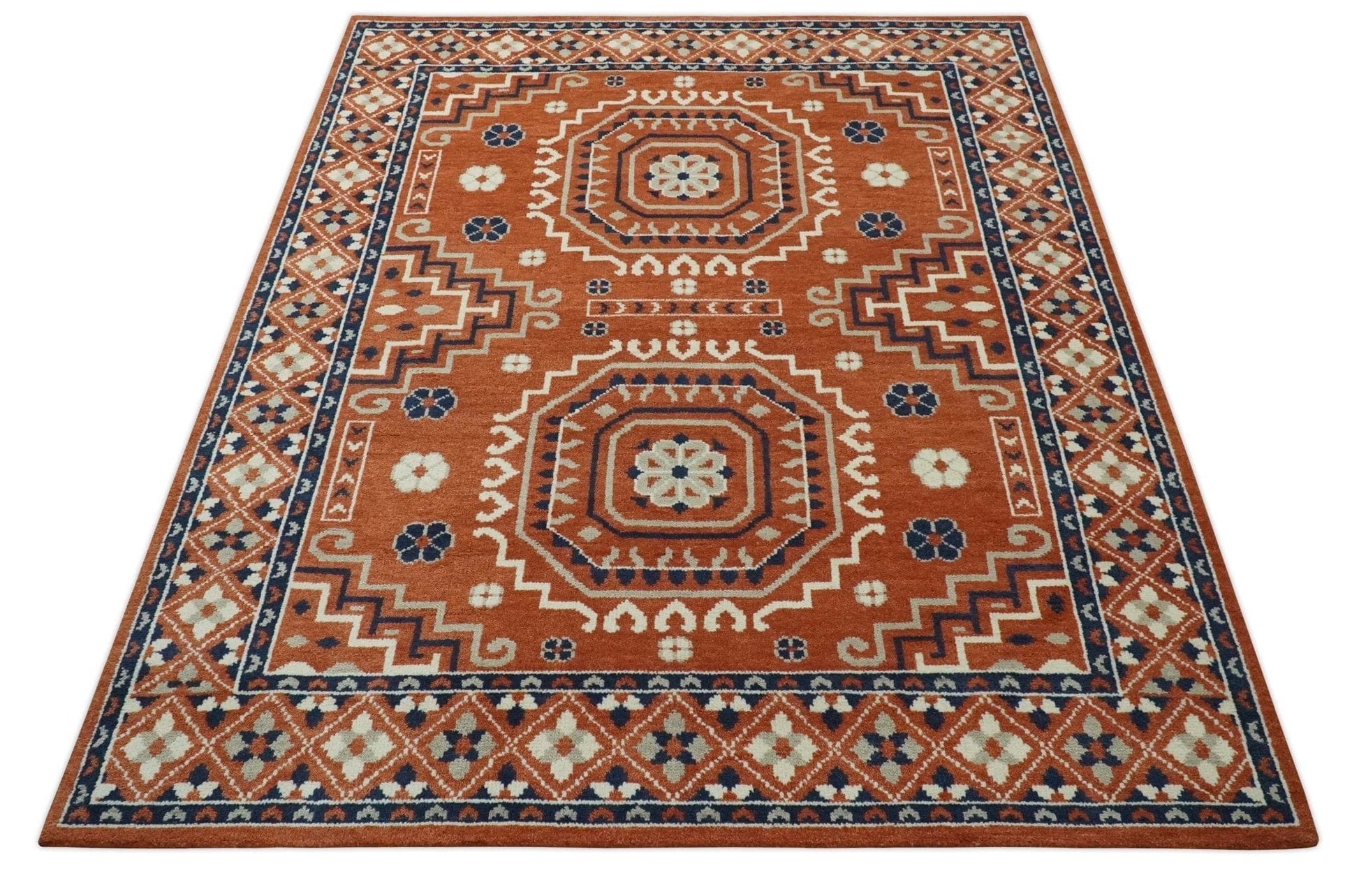 The Rug Decor Area Rug Rust, Ivory and Blue Traditional Mamluk design Hand Knotted Custom Made wool Area Rug Rust, Ivory and Blue Traditional Mamluk design Hand Knotted Custom Made wool Area Rug