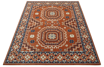 The Rug Decor Area Rug Rust, Ivory and Blue Traditional Mamluk design Hand Knotted Custom Made wool Area Rug Rust, Ivory and Blue Traditional Mamluk design Hand Knotted Custom Made wool Area Rug