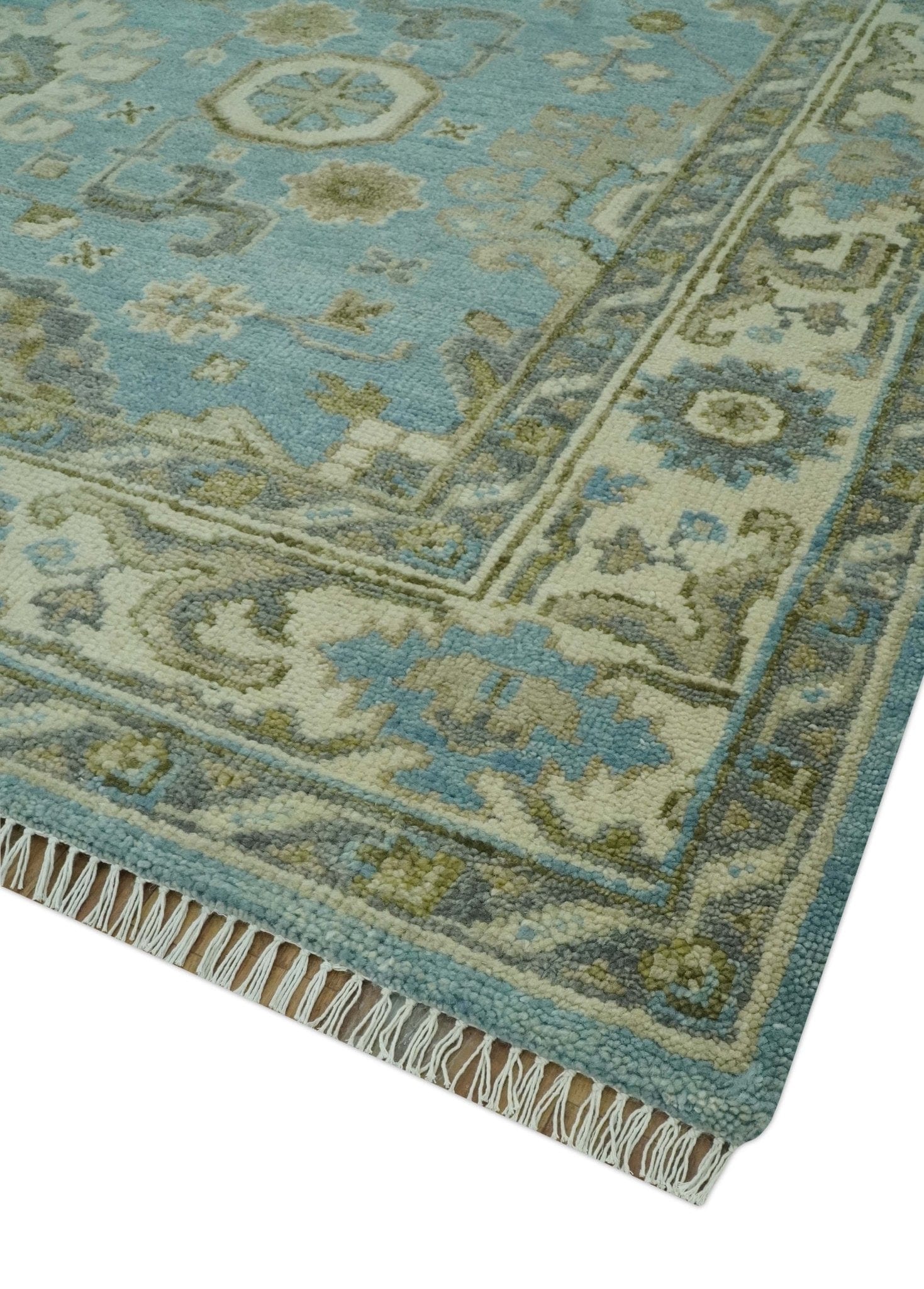 The Rug Decor Area Rug Sea Blue, Green and Ivory Hand Knotted Traditional Oushak Custom Made wool rug Sea Blue, Green and Ivory Hand Knotted Traditional Oushak Custom Made wool rug