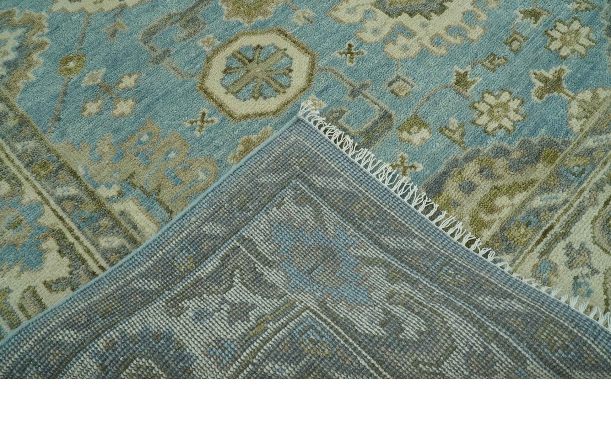 The Rug Decor Area Rug Sea Blue, Green and Ivory Hand Knotted Traditional Oushak Custom Made wool rug Sea Blue, Green and Ivory Hand Knotted Traditional Oushak Custom Made wool rug