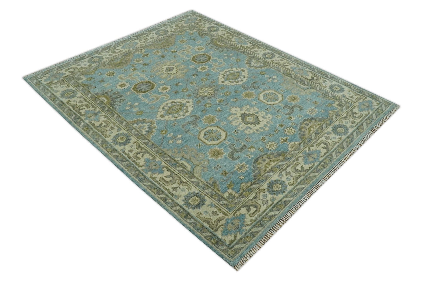 The Rug Decor Area Rug Sea Blue, Green and Ivory Hand Knotted Traditional Oushak Custom Made wool rug Sea Blue, Green and Ivory Hand Knotted Traditional Oushak Custom Made wool rug