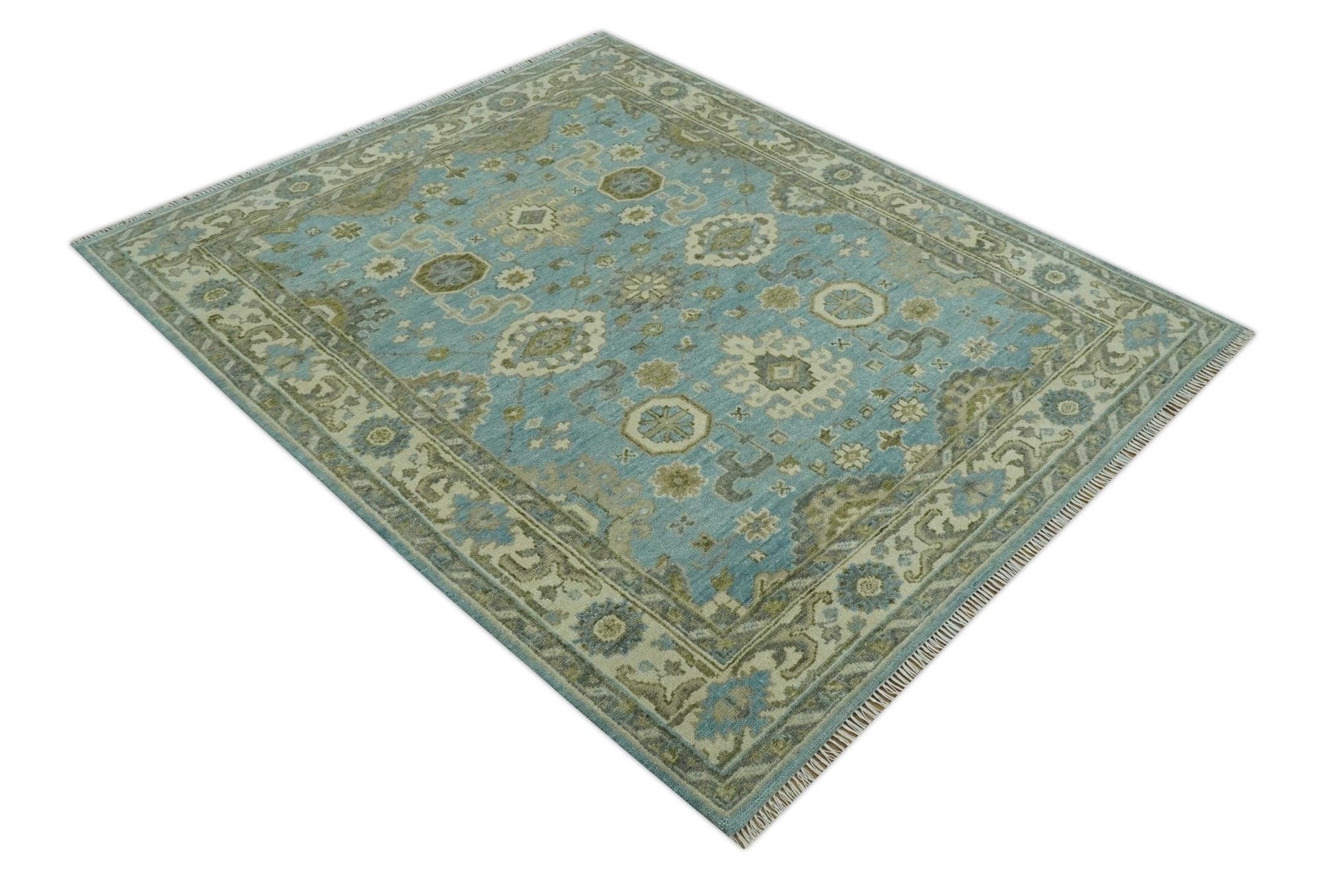 The Rug Decor Area Rug Sea Blue, Green and Ivory Hand Knotted Traditional Oushak Custom Made wool rug Sea Blue, Green and Ivory Hand Knotted Traditional Oushak Custom Made wool rug
