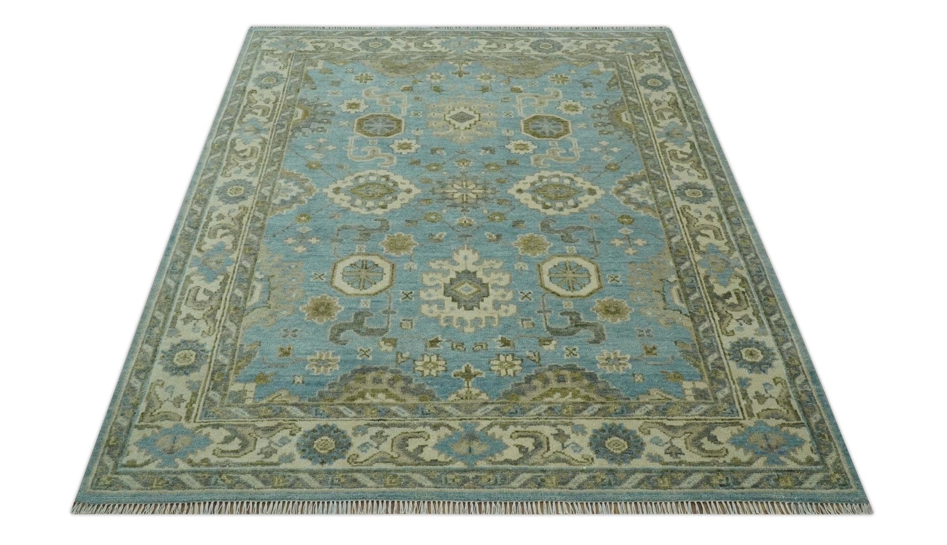 The Rug Decor Area Rug Sea Blue, Green and Ivory Hand Knotted Traditional Oushak Custom Made wool rug Sea Blue, Green and Ivory Hand Knotted Traditional Oushak Custom Made wool rug