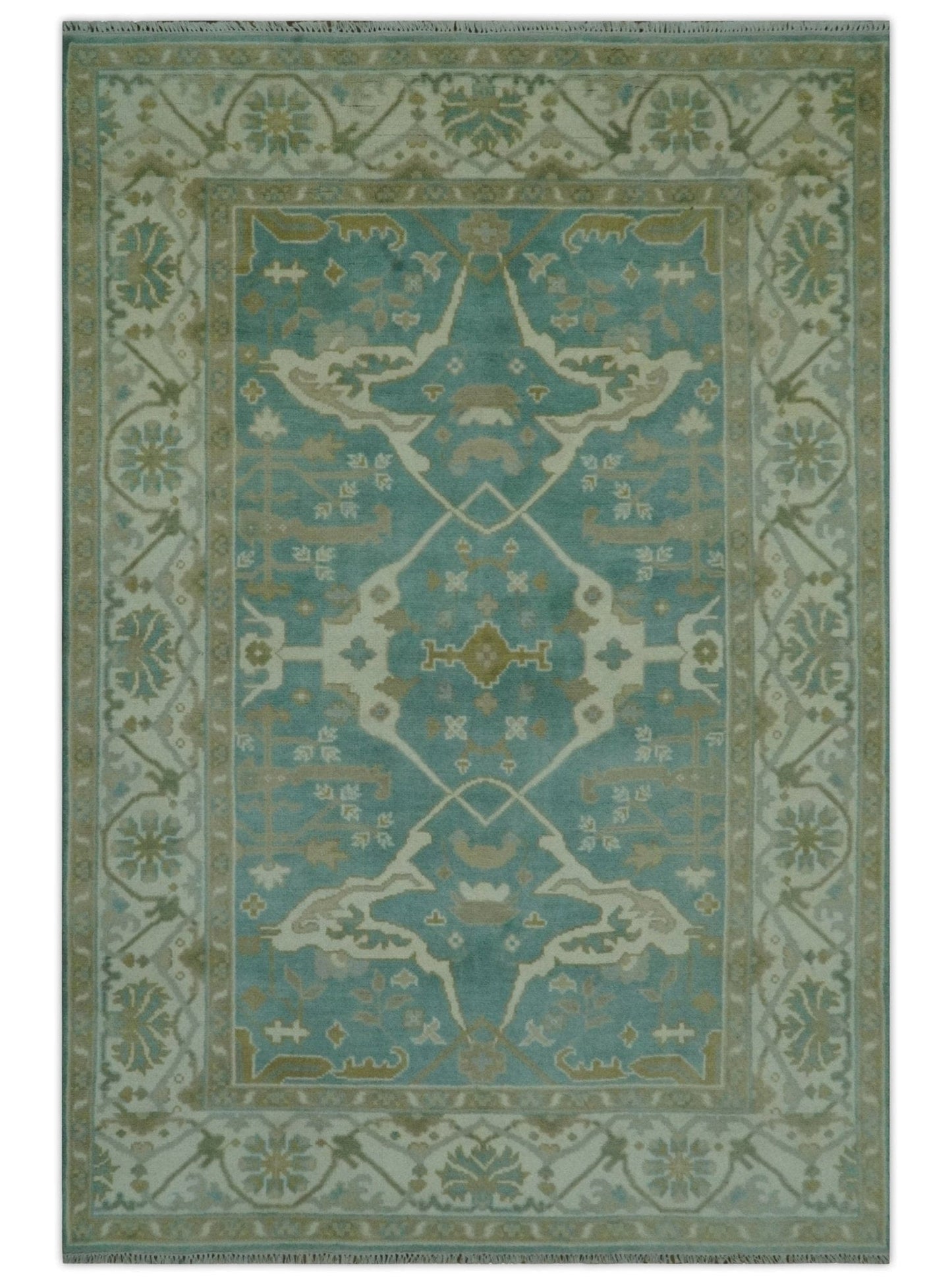 The Rug Decor Area Rug 6x9 Teal and Ivory Hand Knotted Traditional Oriental Oushak Custom Made wool rug Teal and Ivory Hand Knotted Traditional Oriental Oushak Custom Made wool rug