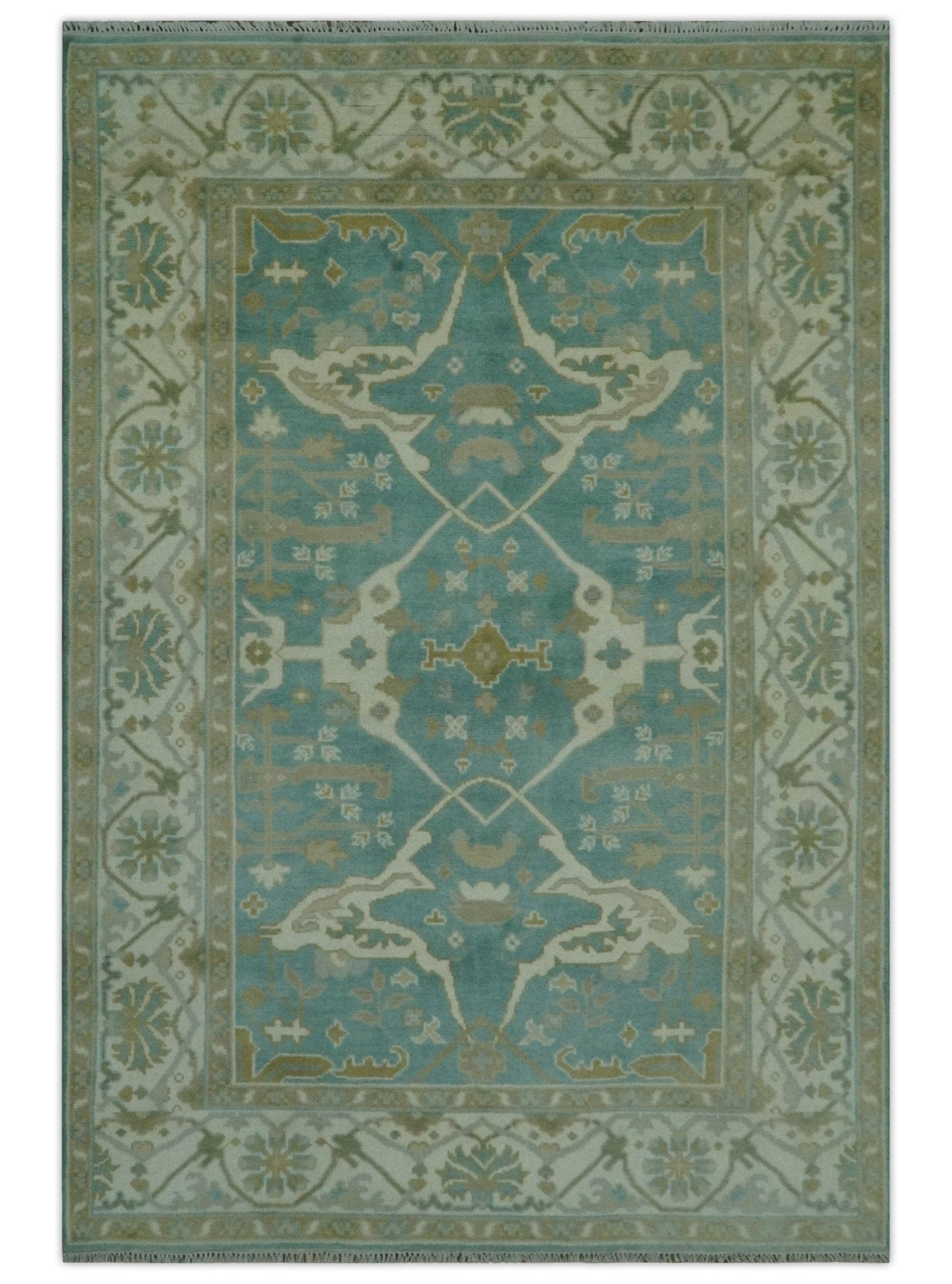 The Rug Decor Area Rug 6x9 Teal and Ivory Hand Knotted Traditional Oriental Oushak Custom Made wool rug Teal and Ivory Hand Knotted Traditional Oriental Oushak Custom Made wool rug