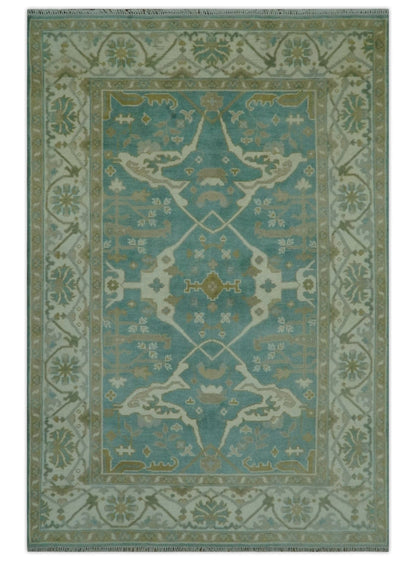 The Rug Decor Area Rug 6x9 Teal and Ivory Hand Knotted Traditional Oriental Oushak Custom Made wool rug Teal and Ivory Hand Knotted Traditional Oriental Oushak Custom Made wool rug