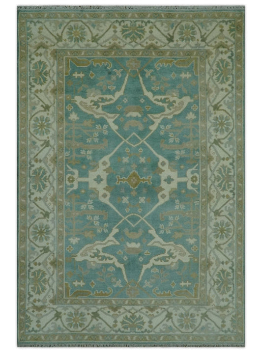 The Rug Decor Area Rug 6x9 Teal and Ivory Hand Knotted Traditional Oriental Oushak Custom Made wool rug Teal and Ivory Hand Knotted Traditional Oriental Oushak Custom Made wool rug