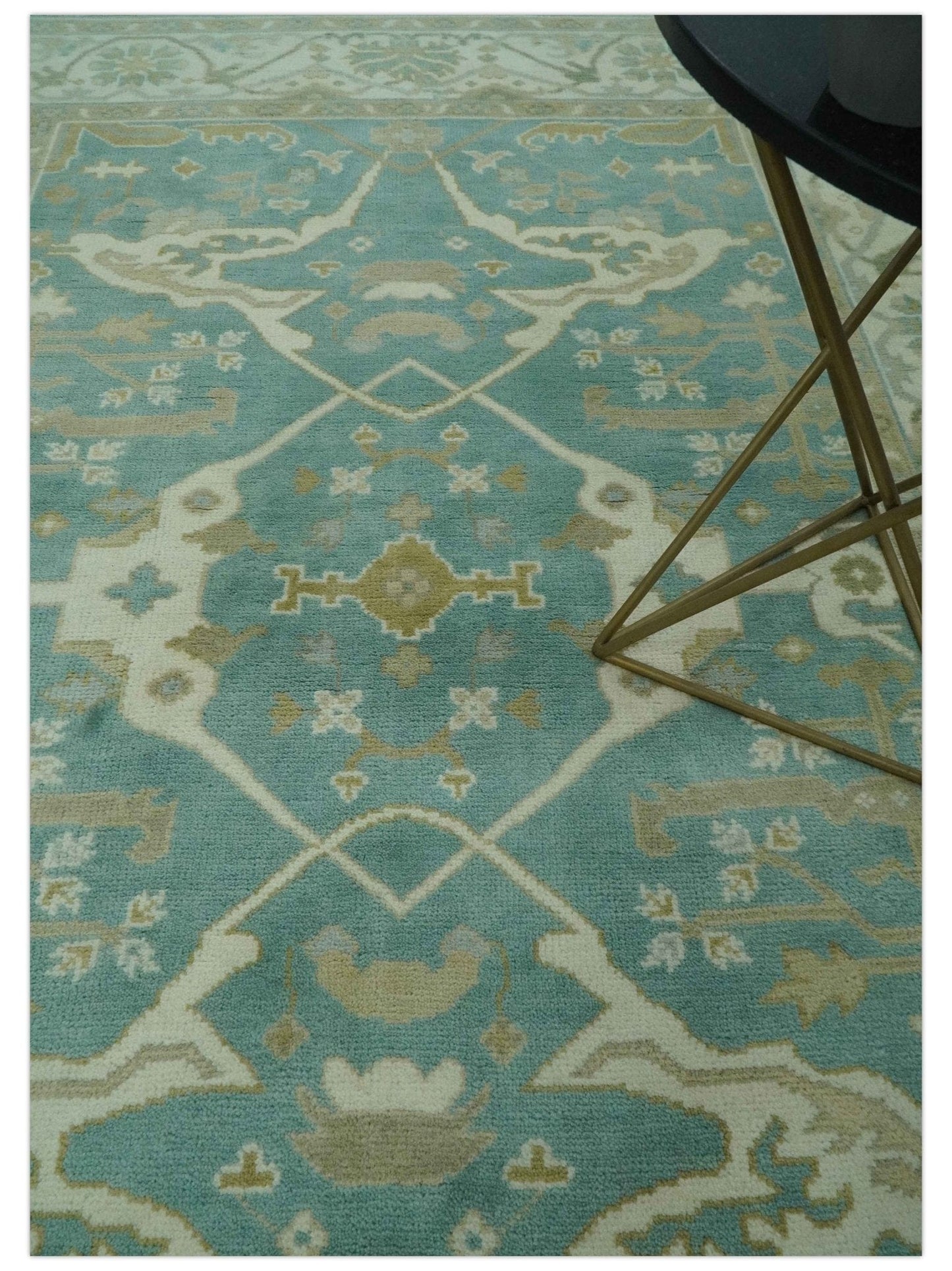 The Rug Decor Area Rug Teal and Ivory Hand Knotted Traditional Oriental Oushak Custom Made wool rug Teal and Ivory Hand Knotted Traditional Oriental Oushak Custom Made wool rug