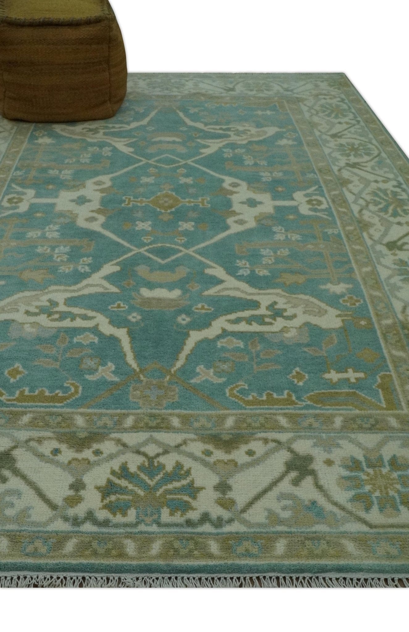 The Rug Decor Area Rug Teal and Ivory Hand Knotted Traditional Oriental Oushak Custom Made wool rug Teal and Ivory Hand Knotted Traditional Oriental Oushak Custom Made wool rug