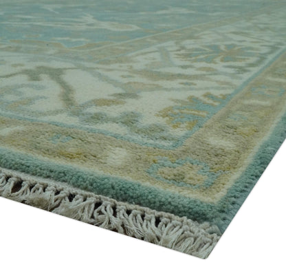 The Rug Decor Area Rug Teal and Ivory Hand Knotted Traditional Oriental Oushak Custom Made wool rug Teal and Ivory Hand Knotted Traditional Oriental Oushak Custom Made wool rug
