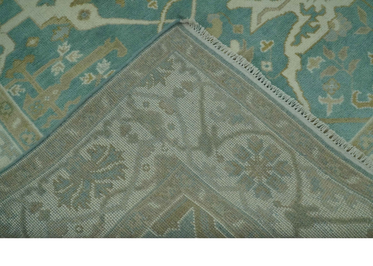 The Rug Decor Area Rug Teal and Ivory Hand Knotted Traditional Oriental Oushak Custom Made wool rug Teal and Ivory Hand Knotted Traditional Oriental Oushak Custom Made wool rug