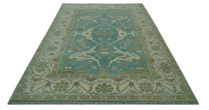 The Rug Decor Area Rug Teal and Ivory Hand Knotted Traditional Oriental Oushak Custom Made wool rug Teal and Ivory Hand Knotted Traditional Oriental Oushak Custom Made wool rug