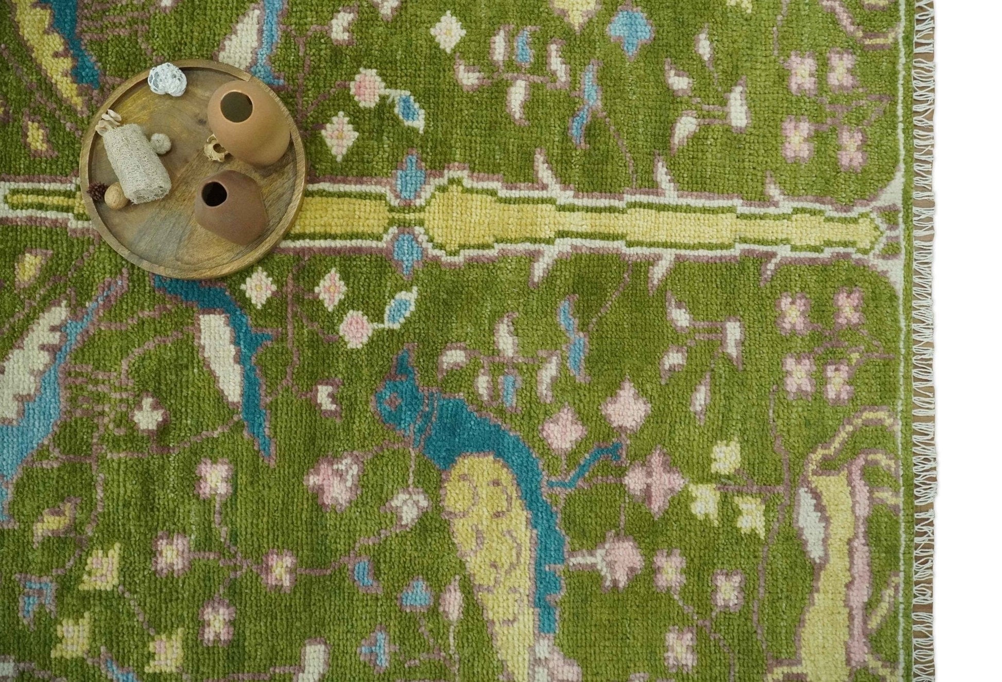 The Rug Decor Area Rug The Green Jungle Life Teal and Peach Peacock Bird Hand Knotted Custom Made Wool Area Rug The Green Jungle Life Teal and Peach Peacock Bird Hand Knotted Custom Made Wool Area Rug