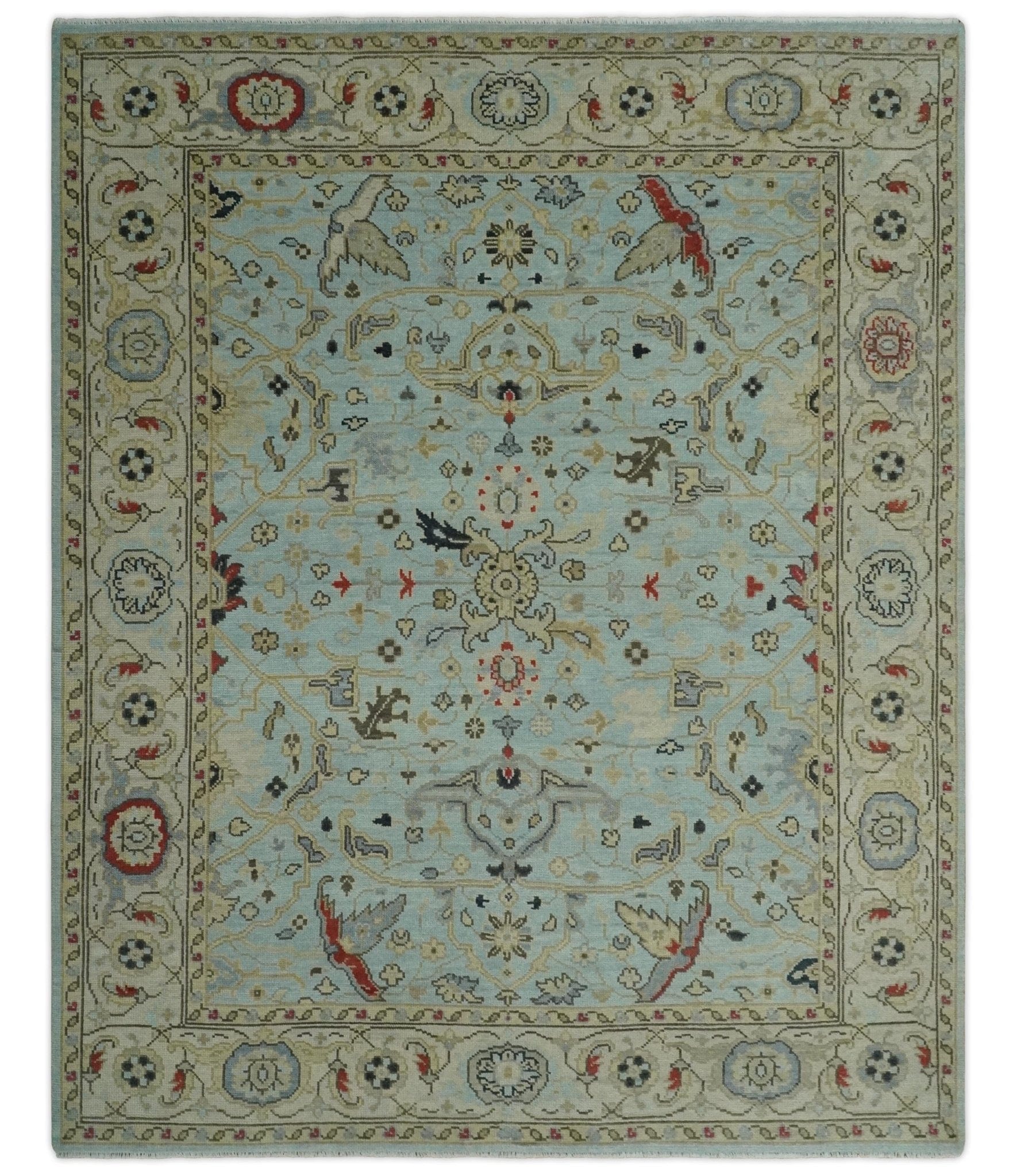 The Rug Decor Area Rug 8x10 Traditional Aqua and Beige Hand knotted Oriental Oushak Custom Made wool Area Rug Traditional Aqua and Beige Hand knotted Oriental Oushak Custom Made wool Area Rug
