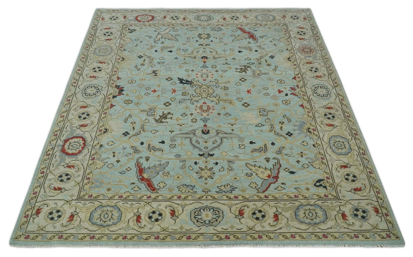 The Rug Decor Area Rug Traditional Aqua and Beige Hand knotted Oriental Oushak Custom Made wool Area Rug Traditional Aqua and Beige Hand knotted Oriental Oushak Custom Made wool Area Rug