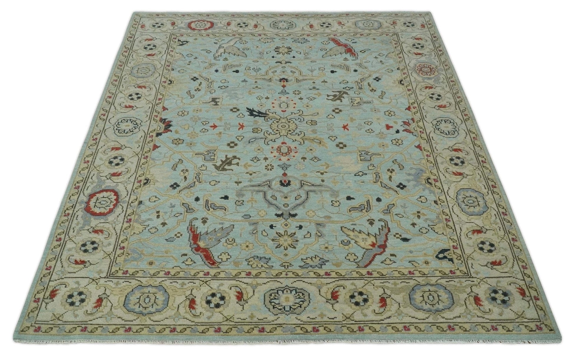 The Rug Decor Area Rug Traditional Aqua and Beige Hand knotted Oriental Oushak Custom Made wool Area Rug Traditional Aqua and Beige Hand knotted Oriental Oushak Custom Made wool Area Rug