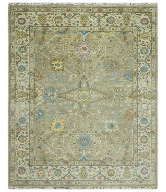 The Rug Decor Area Rug 8x10 Traditional Floral Olive and Ivory Hand Knotted Oriental Oushak Custom Made wool area rug Traditional Floral Olive and Ivory Hand Knotted Oriental Oushak Custom Made wool area rug