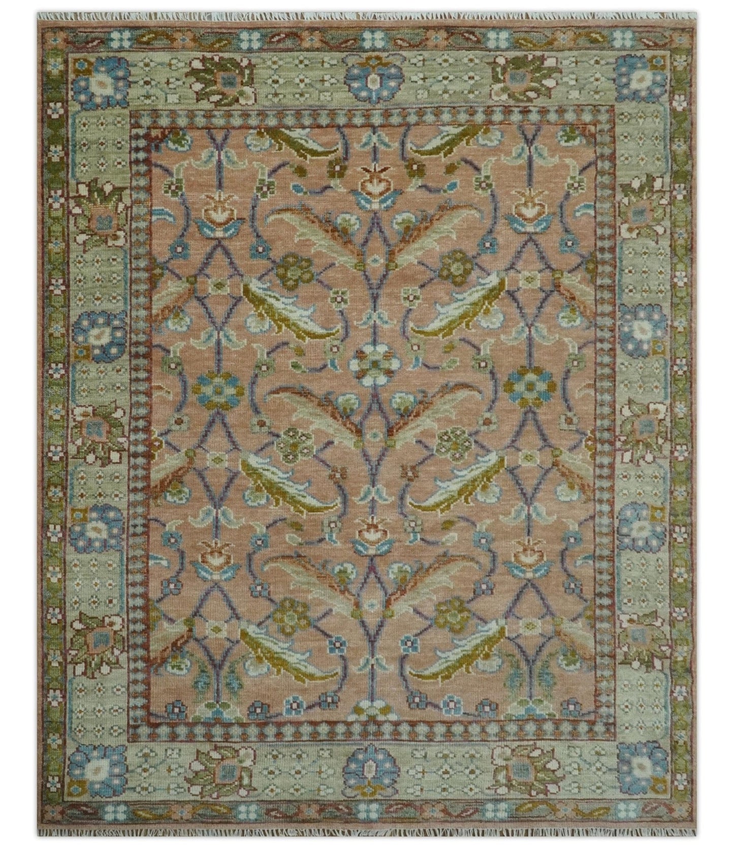 The Rug Decor Area Rug 8x10 Traditional Floral Peach and Green Hand Knotted Custom Made wool area rug Traditional Floral Peach and Green Hand Knotted Custom Made wool area rug