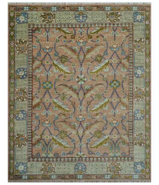 The Rug Decor Area Rug 8x10 Traditional Floral Peach and Green Hand Knotted Custom Made wool area rug Traditional Floral Peach and Green Hand Knotted Custom Made wool area rug