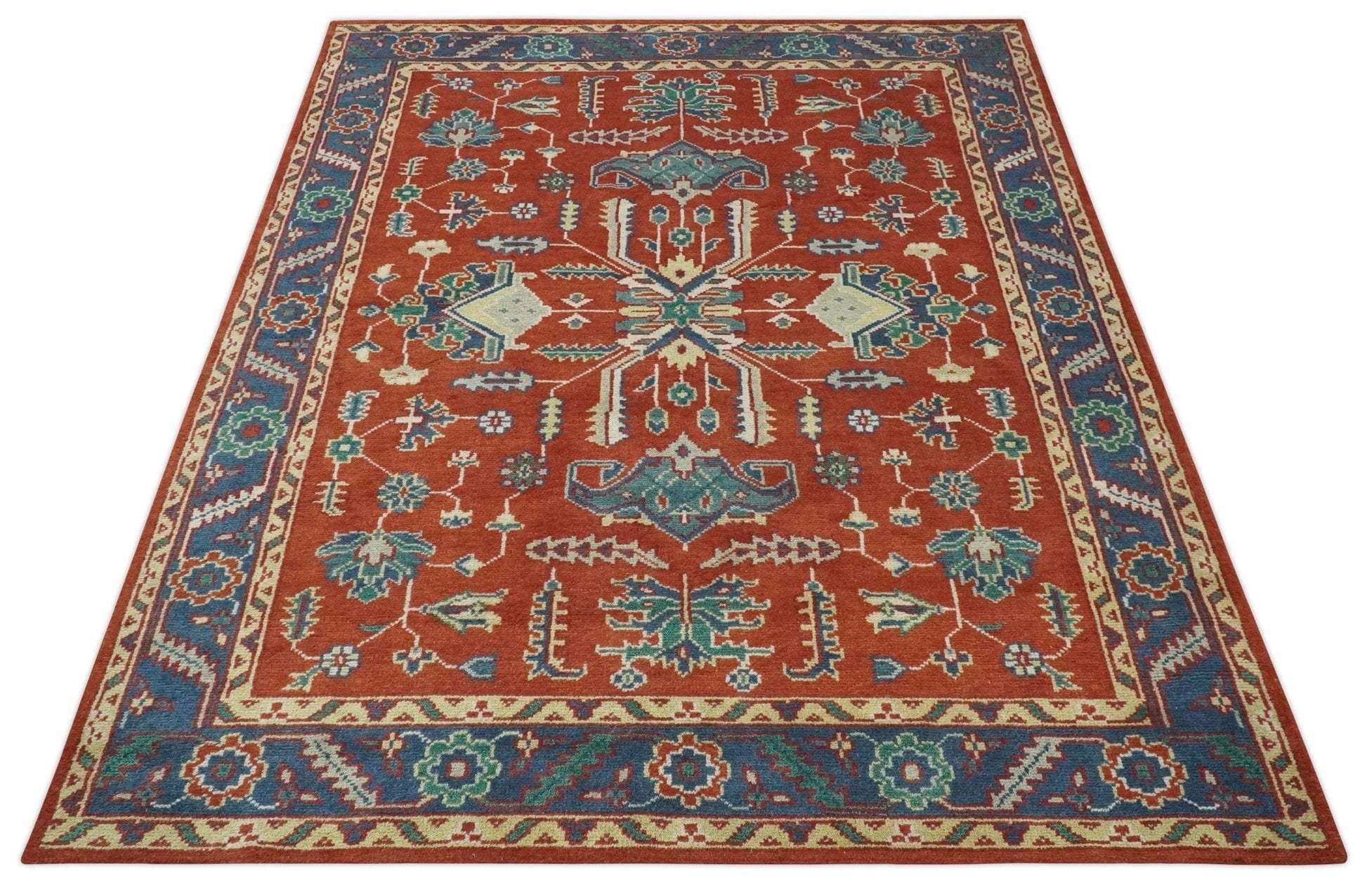 The Rug Decor Area Rug Traditional Floral Red, Blue, Beige and Green Hand Knotted Medallion Custom Made wool Area Rug Traditional Floral Red, Blue, Beige and Green Hand Knotted Medallion Custom Made wool Area Rug