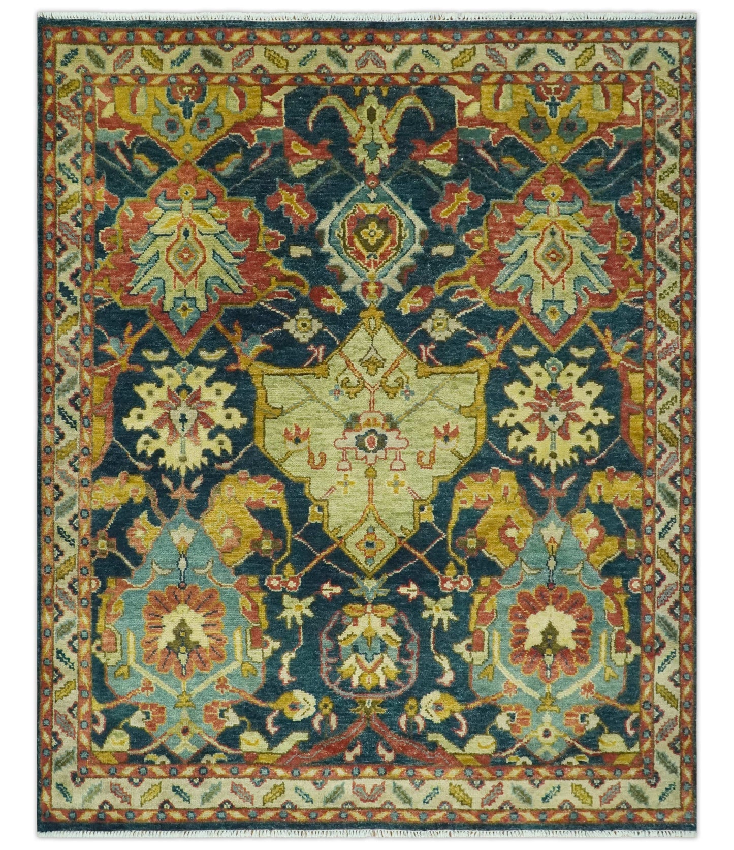 The Rug Decor Area Rug 8x10 Traditional Oushak Blue and Gold Antique Style Hand knotted Custom Made Area Rug Traditional Oushak Blue and Gold Antique Style Hand knotted Custom Made Area Rug