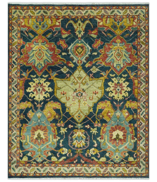 The Rug Decor Area Rug 8x10 Traditional Oushak Blue and Gold Antique Style Hand knotted Custom Made Area Rug Traditional Oushak Blue and Gold Antique Style Hand knotted Custom Made Area Rug