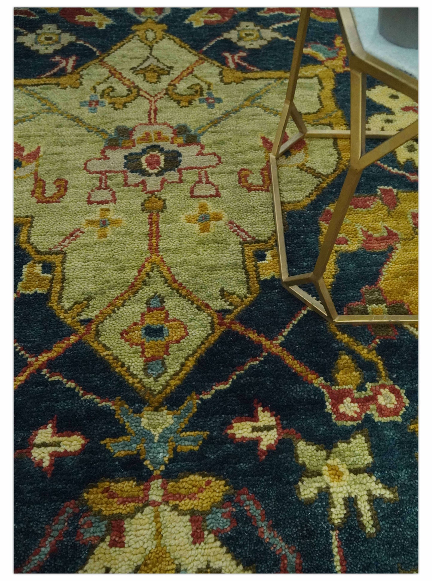 The Rug Decor Area Rug Traditional Oushak Blue and Gold Antique Style Hand knotted Custom Made Area Rug Traditional Oushak Blue and Gold Antique Style Hand knotted Custom Made Area Rug