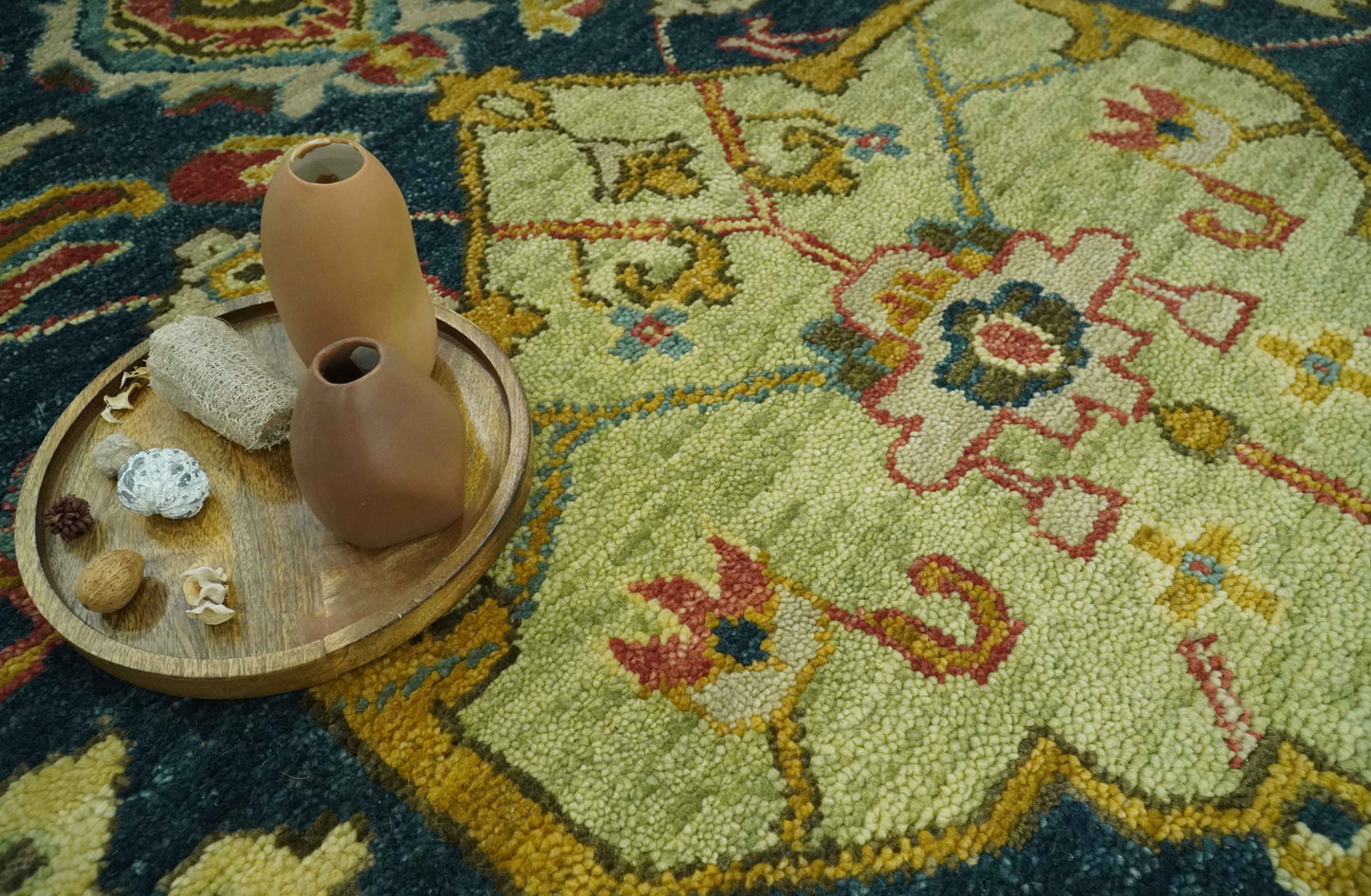 The Rug Decor Area Rug Traditional Oushak Blue and Gold Antique Style Hand knotted Custom Made Area Rug Traditional Oushak Blue and Gold Antique Style Hand knotted Custom Made Area Rug