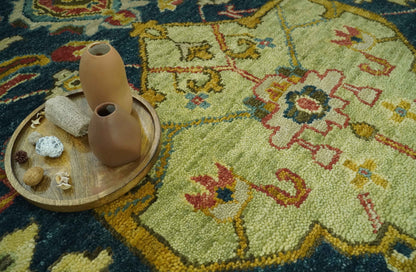 The Rug Decor Area Rug Traditional Oushak Blue and Gold Antique Style Hand knotted Custom Made Area Rug Traditional Oushak Blue and Gold Antique Style Hand knotted Custom Made Area Rug