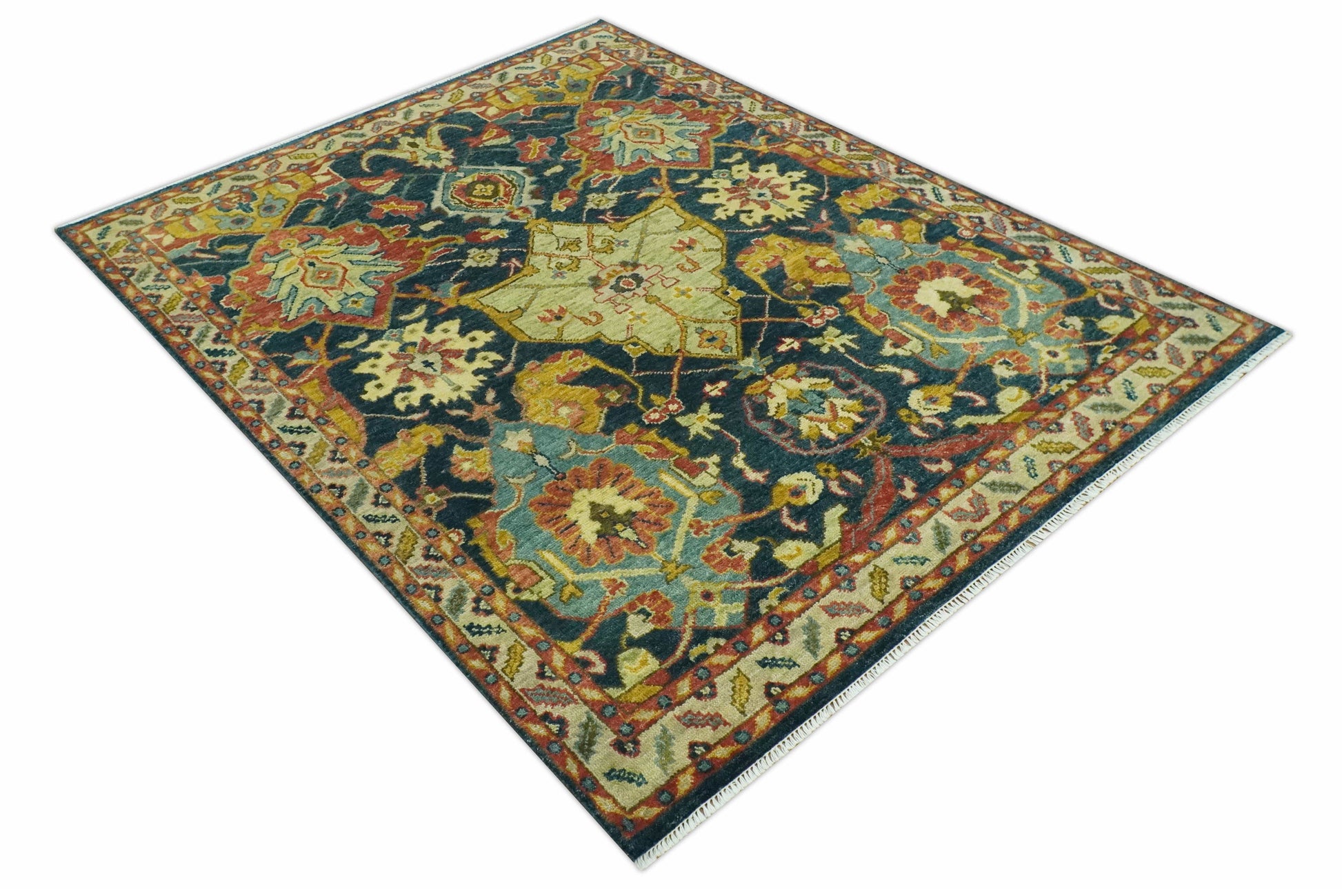 The Rug Decor Area Rug Traditional Oushak Blue and Gold Antique Style Hand knotted Custom Made Area Rug Traditional Oushak Blue and Gold Antique Style Hand knotted Custom Made Area Rug