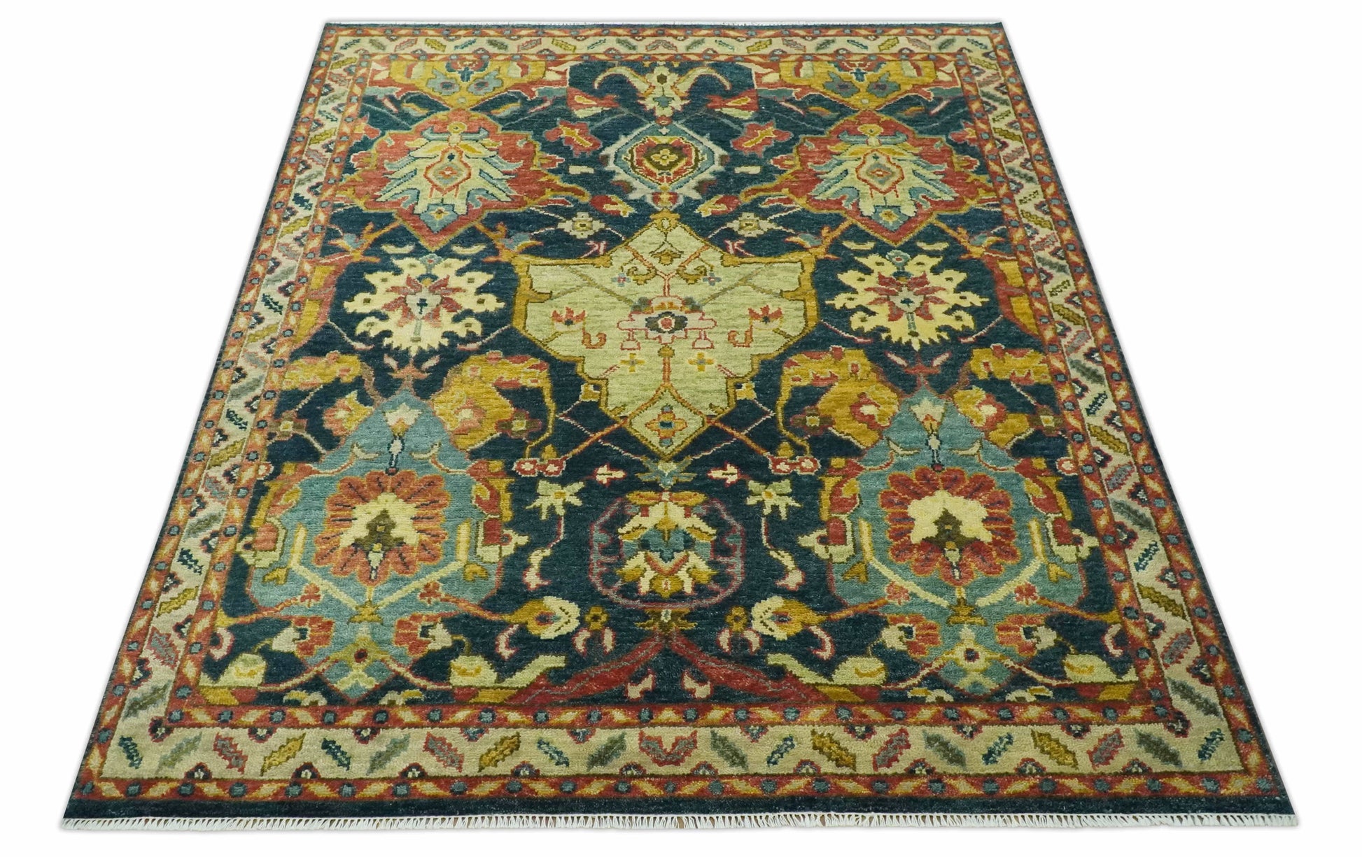 The Rug Decor Area Rug Traditional Oushak Blue and Gold Antique Style Hand knotted Custom Made Area Rug Traditional Oushak Blue and Gold Antique Style Hand knotted Custom Made Area Rug
