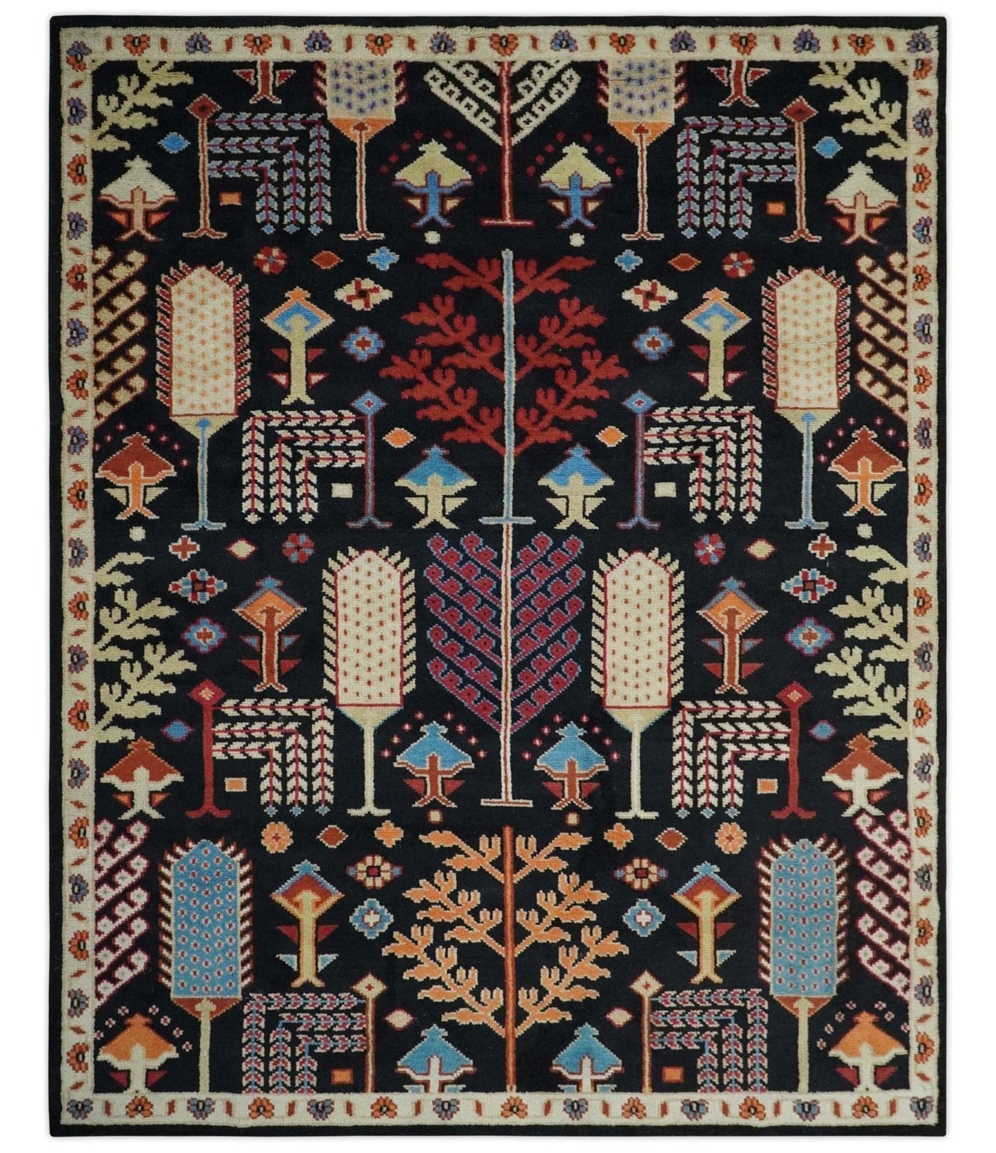 The Rug Decor Area Rug 8x10 Tree of life Vibrant colorful Black, Beige, Peach and Blue Hand Knotted Traditional Oushak Custom Made wool area Rug Tree of life Vibrant colorful Black, Beige, Peach and Blue Hand Knotted Traditional Oushak Custom Made wool area Rug