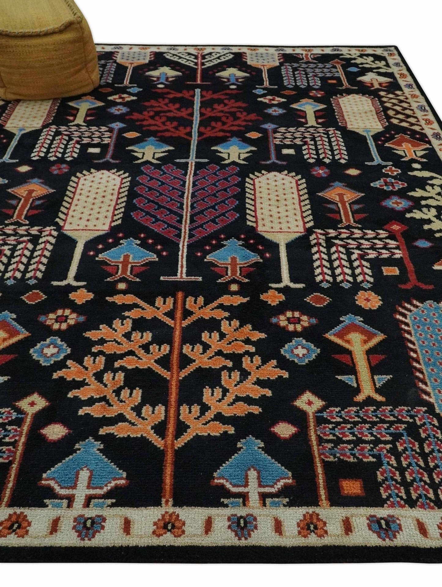 The Rug Decor Area Rug Tree of life Vibrant colorful Black, Beige, Peach and Blue Hand Knotted Traditional Oushak Custom Made wool area Rug Tree of life Vibrant colorful Black, Beige, Peach and Blue Hand Knotted Traditional Oushak Custom Made wool area Rug